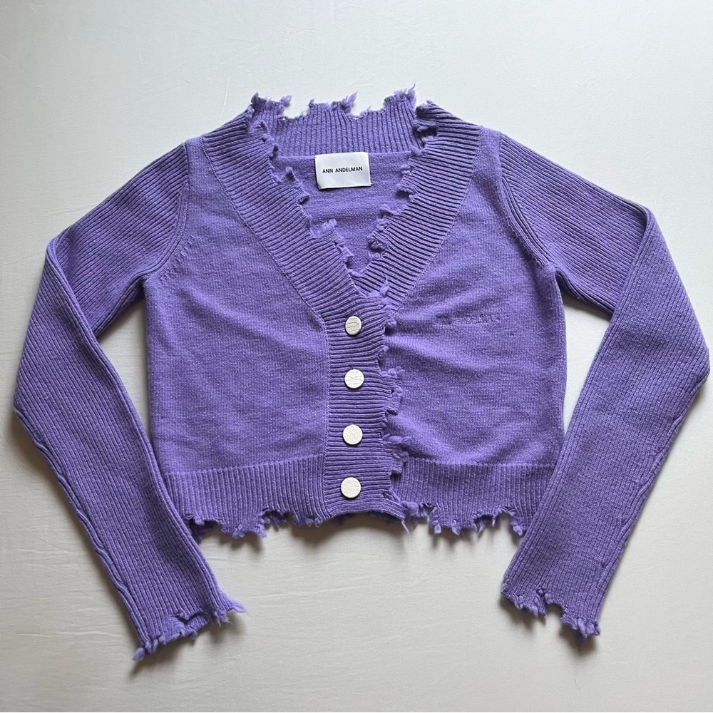 ANN ANDELMAN purple distressed virgin wool cropped button up cardigan